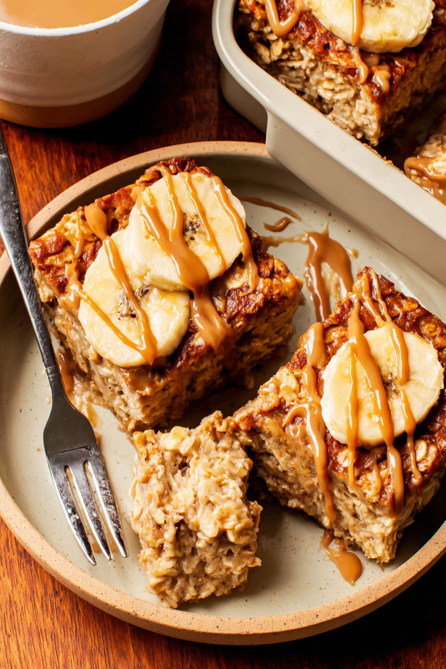 A slice of peanut butter banana baked oatmeal.