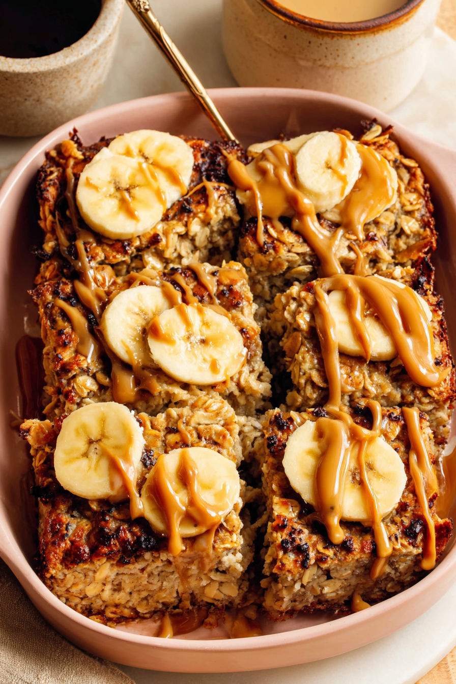 A slice of peanut butter banana baked oatmeal.