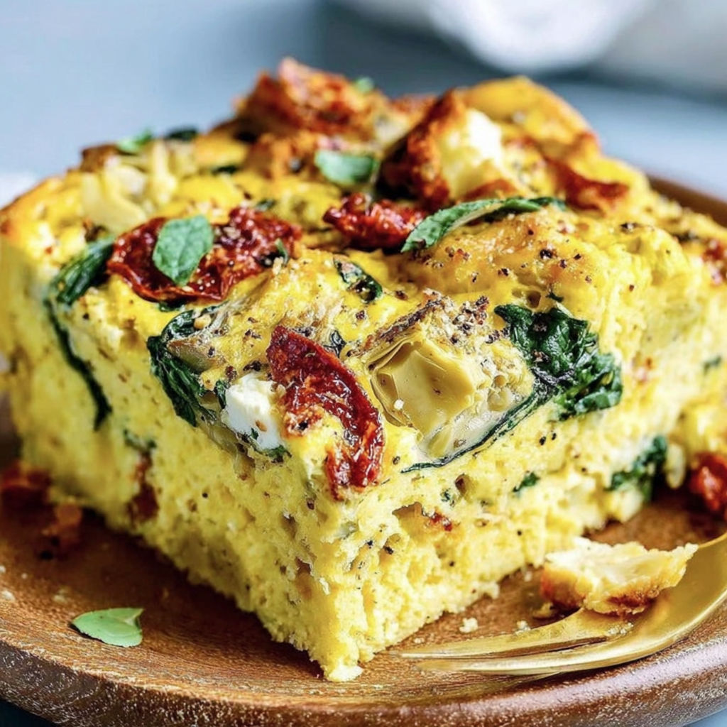A slice of a spinach artichoke sun-dried tomato breakfast casserole.