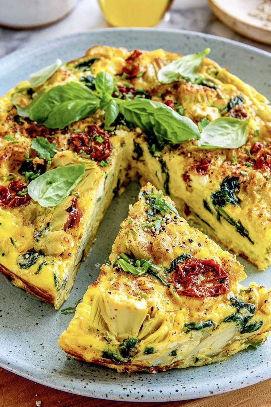 A slice of quiche with greens and tomatoes.