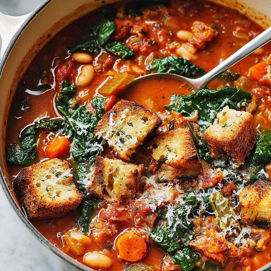 A bowl of soup with bread and greens.