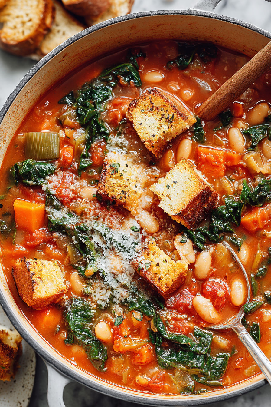 A bowl of soup with bread and greens.