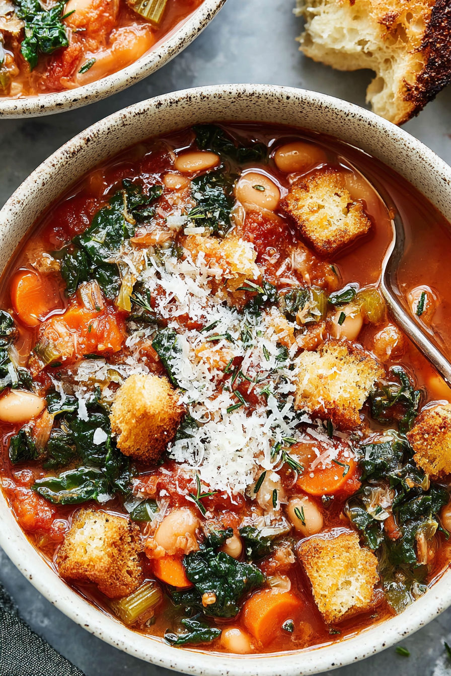 A bowl of soup with bread and greens.