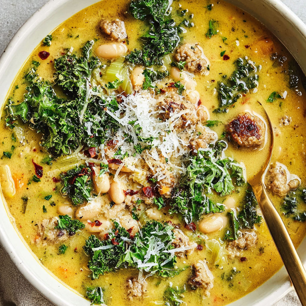 A bowl of soup with sausage, kale, and white beans.