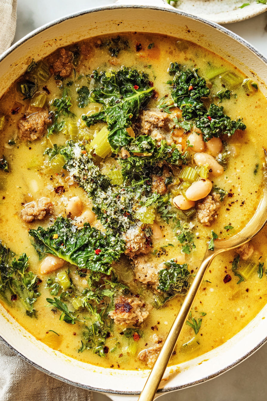 A bowl of soup with meat and greens.