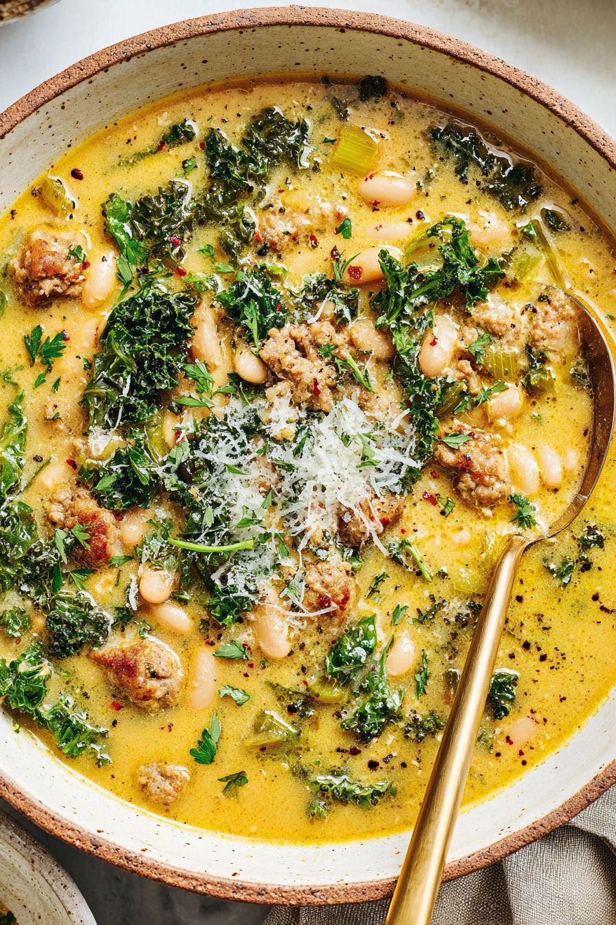 A bowl of soup with meat and vegetables.