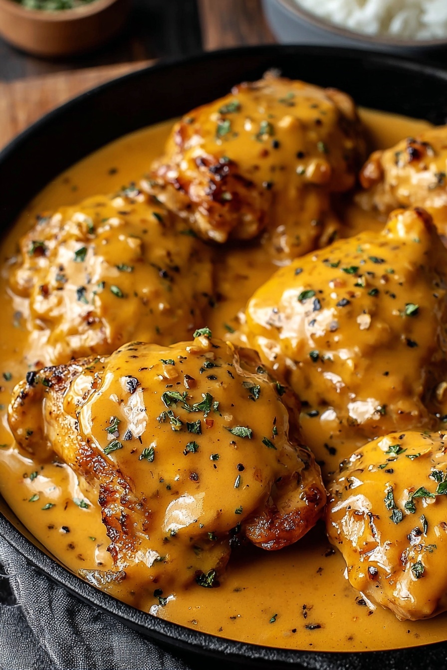 A bowl of chicken with a honey mustard sauce.