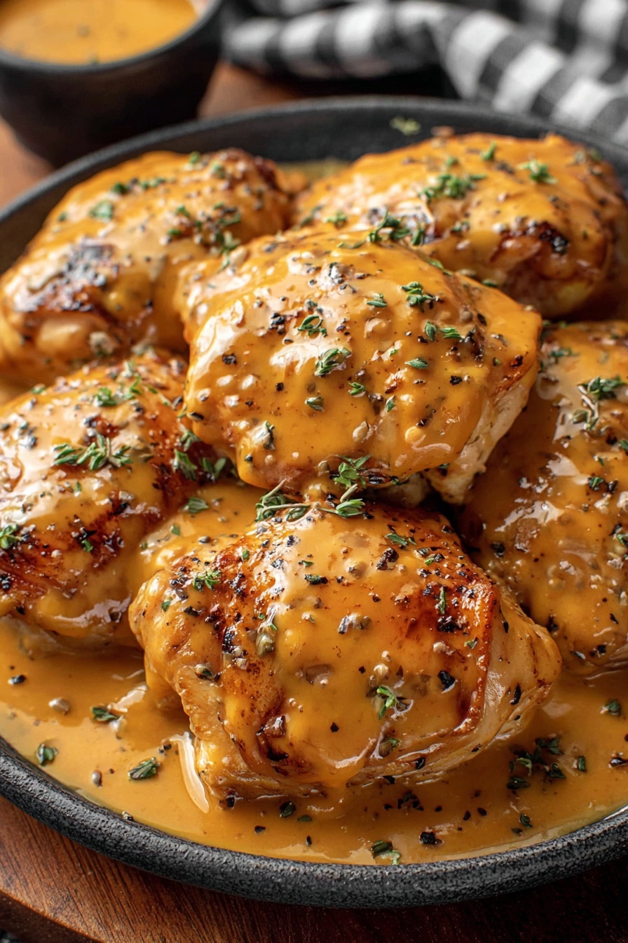 A close up of a delicious slow cooker honey mustard chicken recipe.