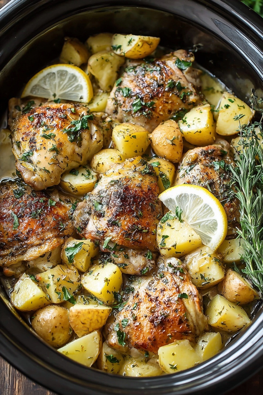 A pot of chicken with lemon and herbs.