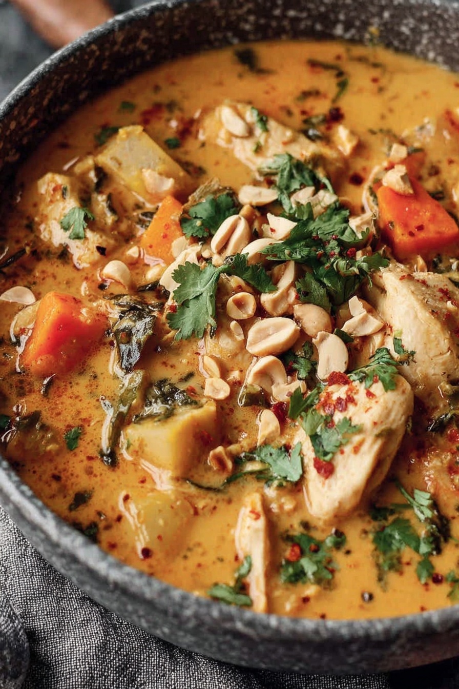 A bowl of soup with chicken, nuts, and vegetables.