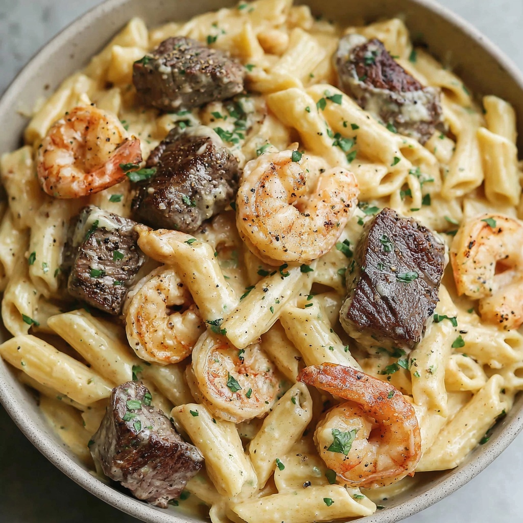 A bowl of blackened steak and shrimp Alfredo.