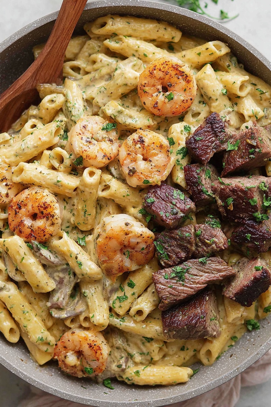 A bowl of pasta with shrimp and beef.