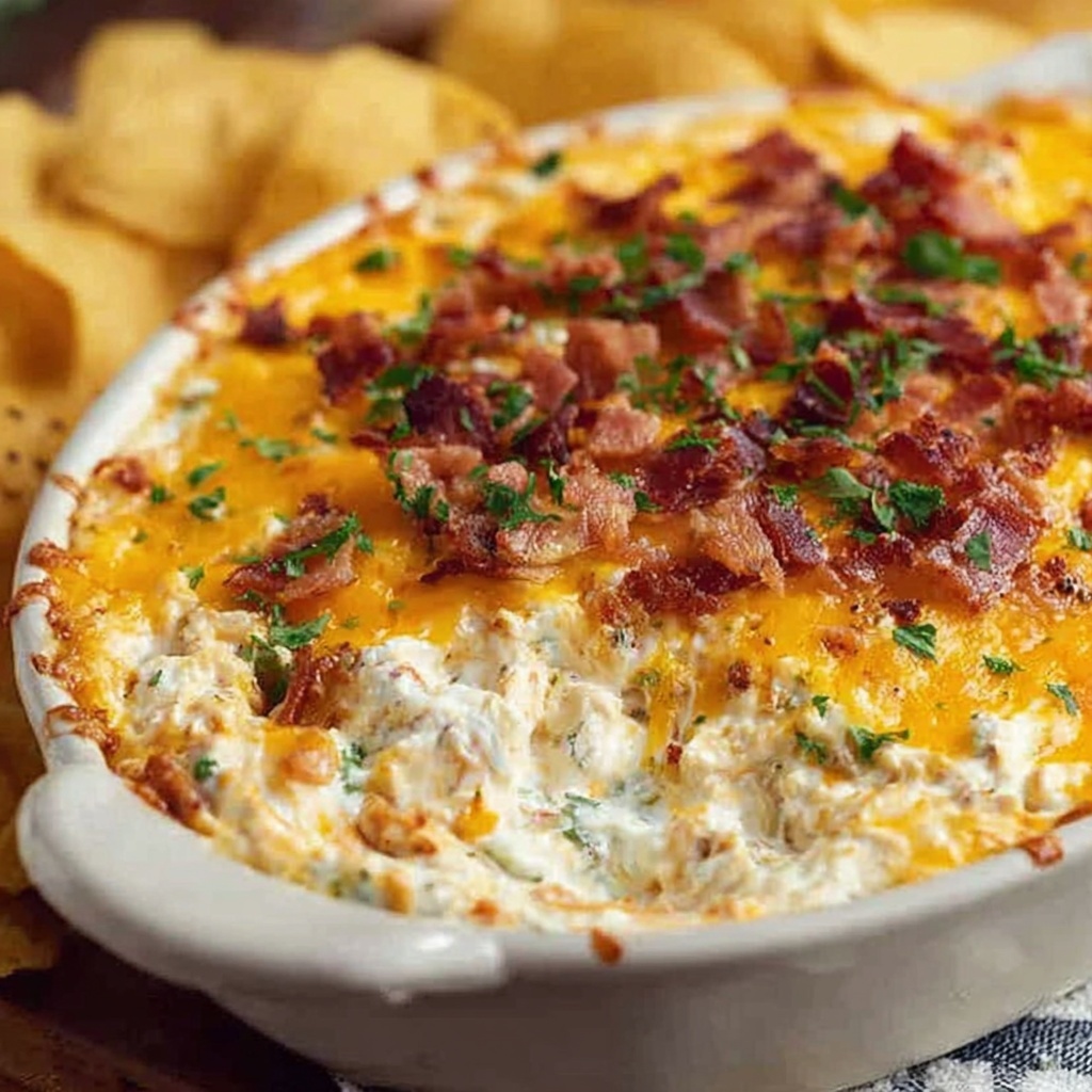 A dish of crack chicken dip with bacon and cheese.