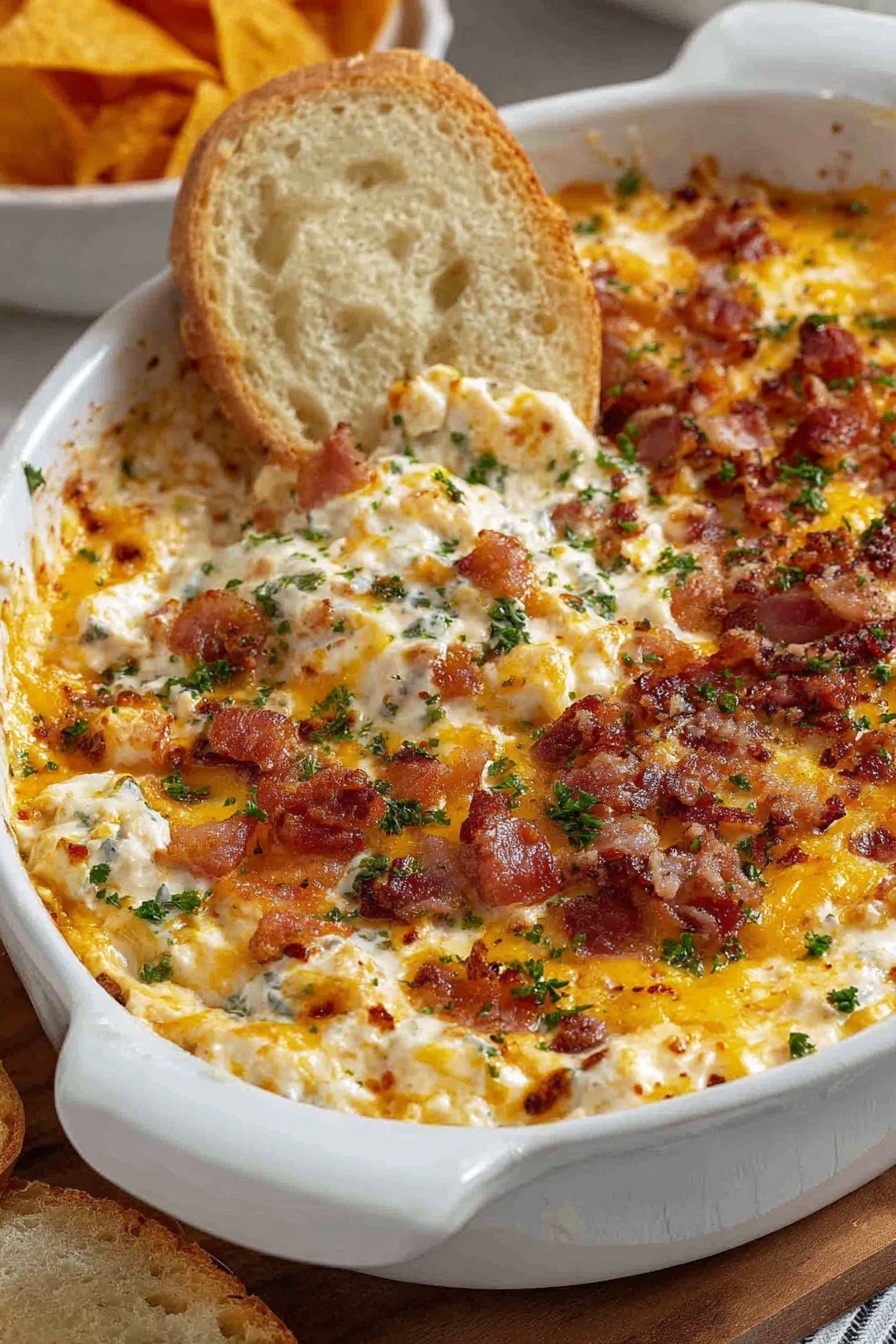Crack chicken dip recipe with bacon and bread.