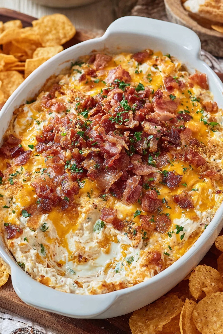 A bowl of crack chicken dip with bacon bits.