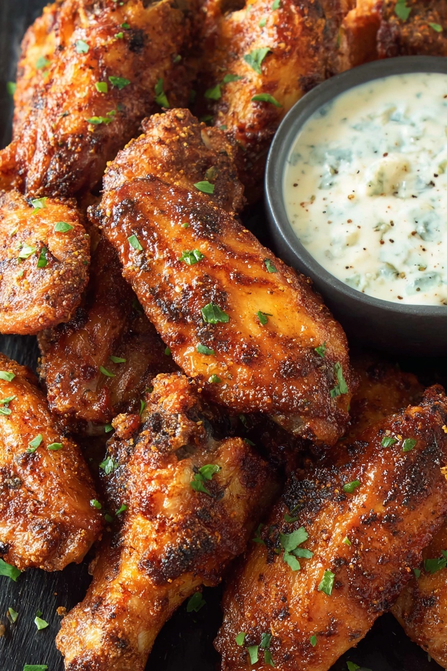 A plate of baked chicken wings with a gorgonzola sauce.
