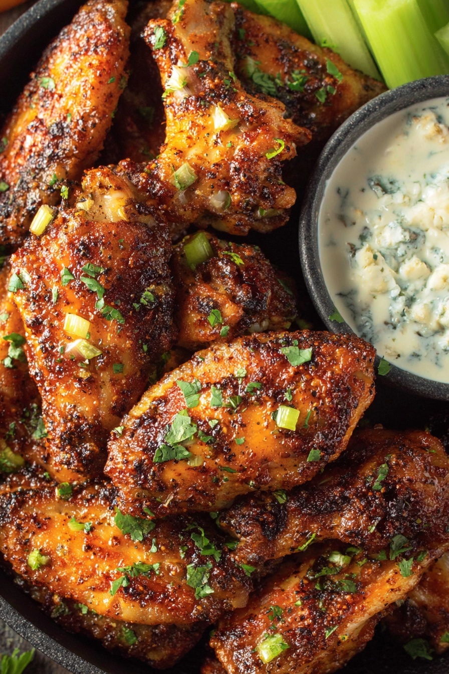 A close up of some delicious looking chicken wings.