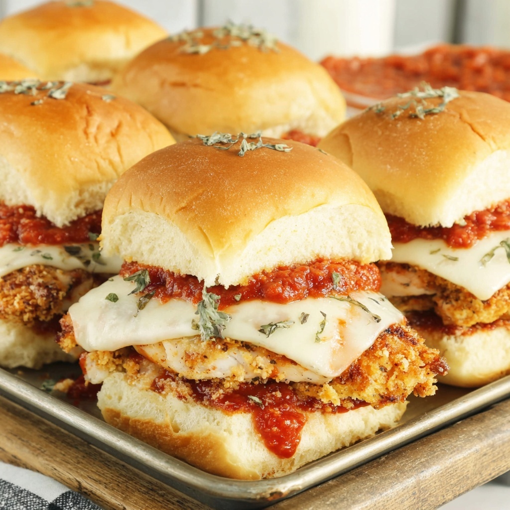 Chicken Parmesan sliders on a tray.