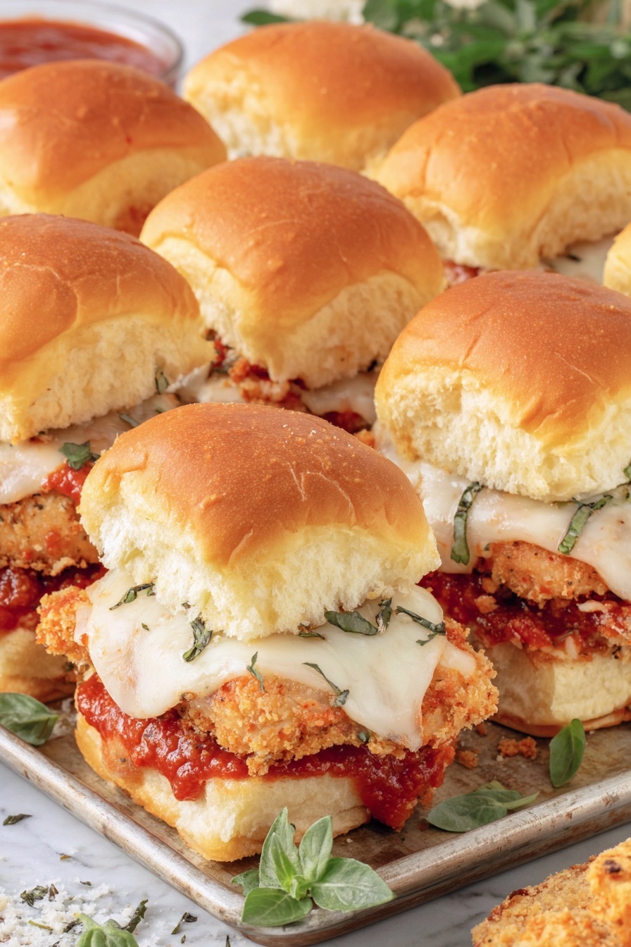 A tray of chicken parmesan sliders.