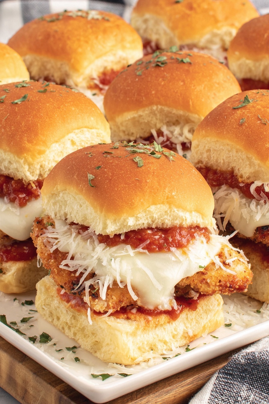 A plate of chicken parmesan sliders.