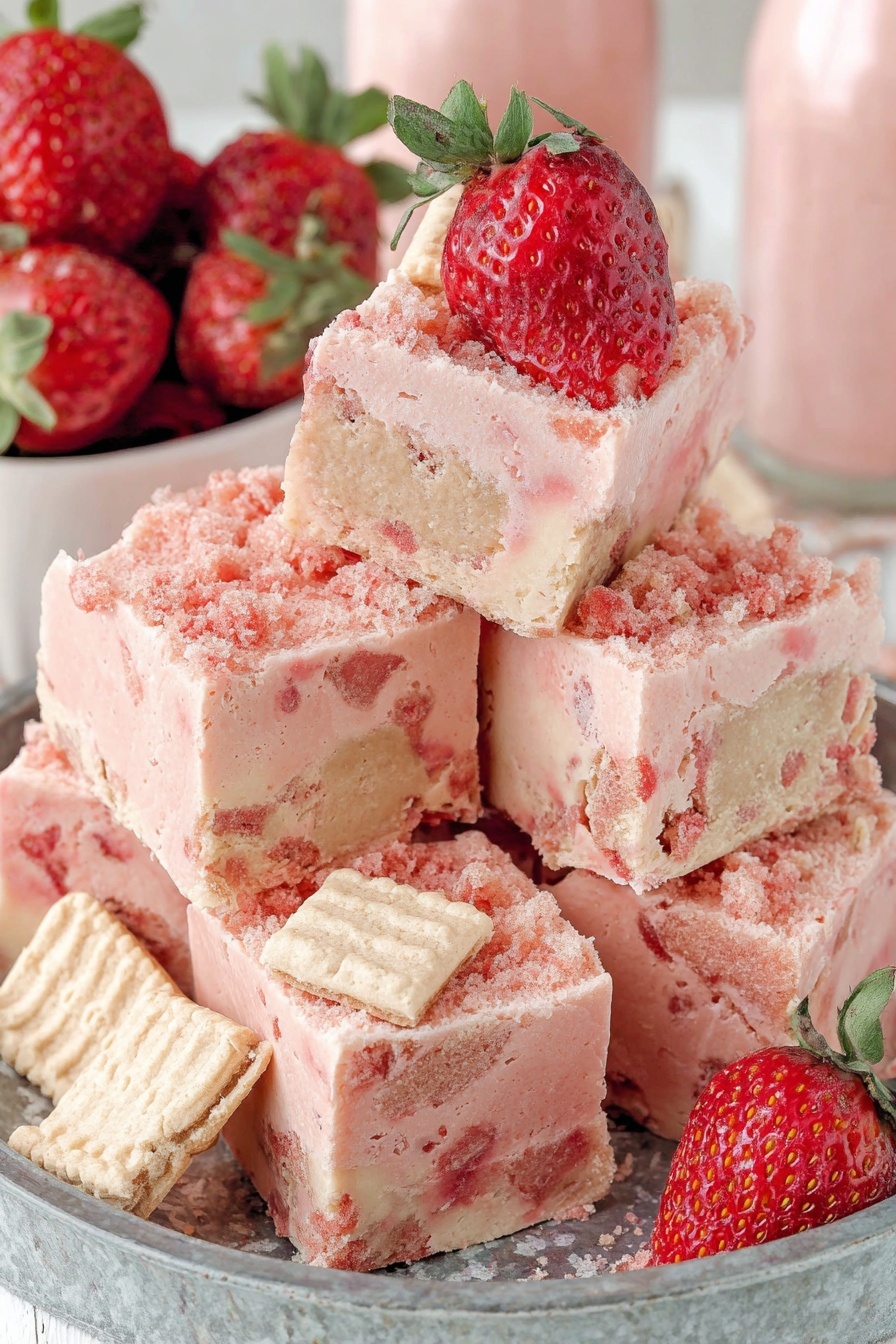 A stack of pink and red desserts.