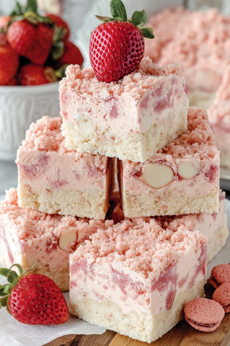 A stack of cake with strawberries on top.