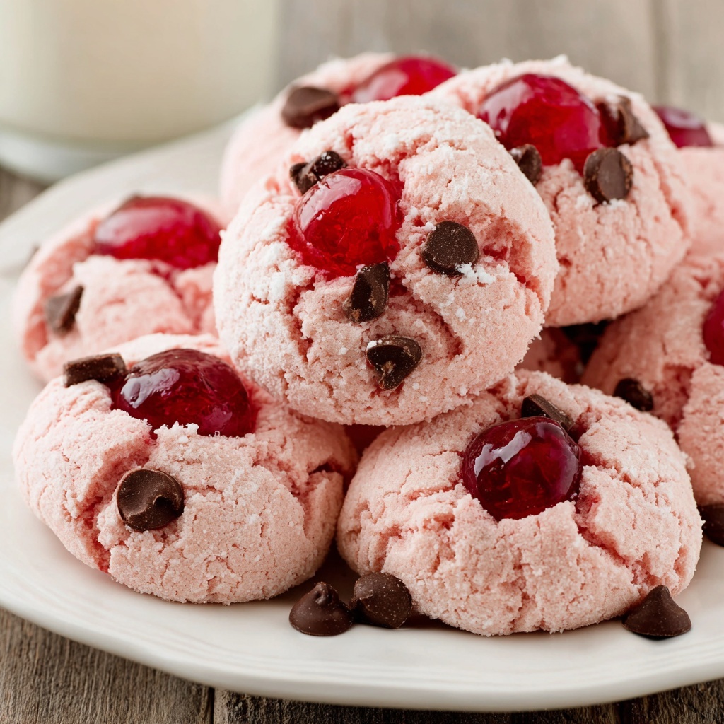 A plate of pink cookies with red cherries on top.