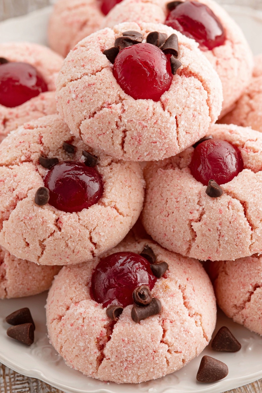 A stack of cookies with strawberry jam and chocolate chips.