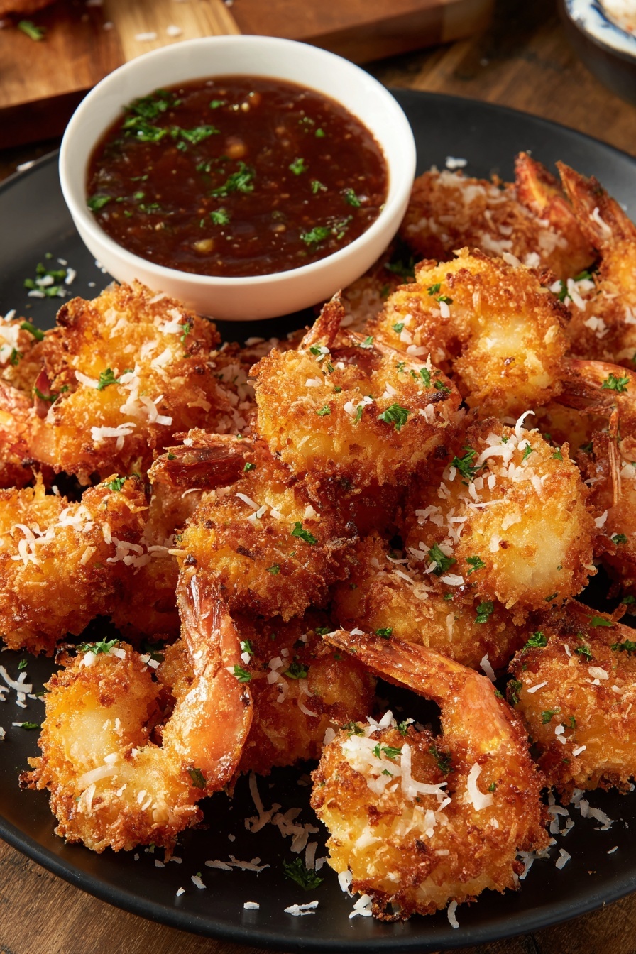 A plate of coconut shrimp with a dipping sauce.
