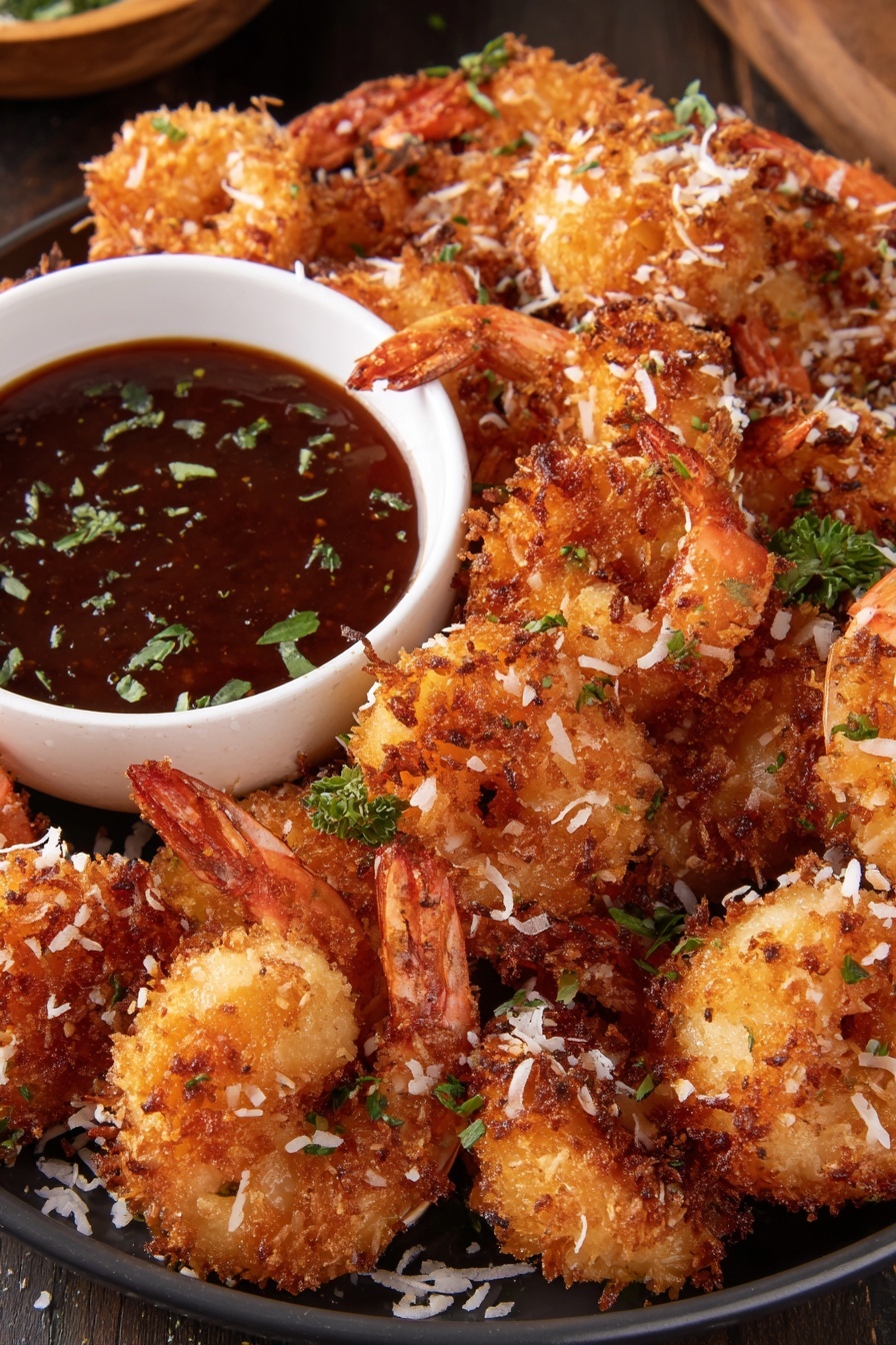 A bowl of coconut shrimp with a dipping sauce.