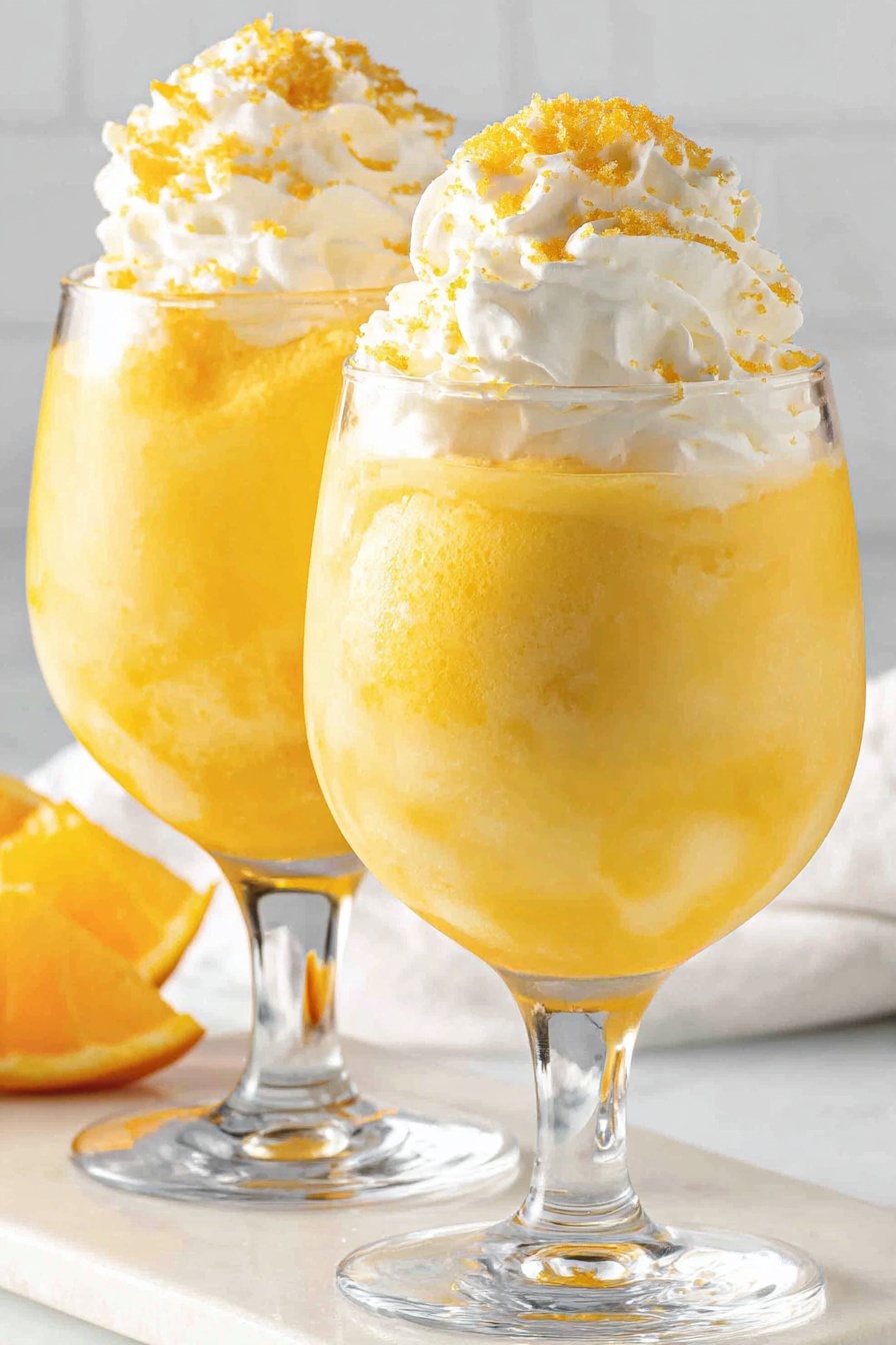 Two glasses of yellow drink with whipped cream.