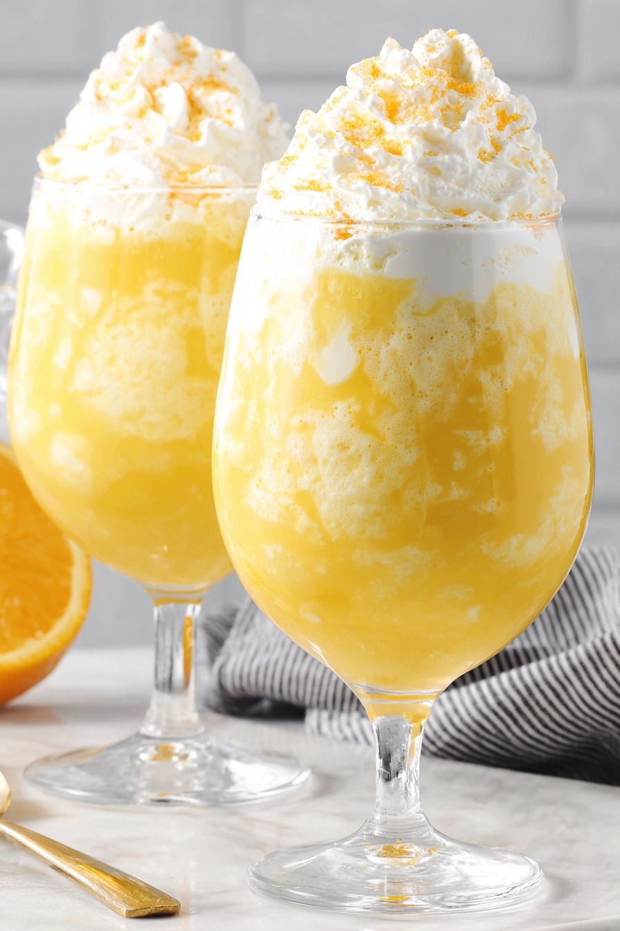 Two glasses of orange juice with whipped cream on top.