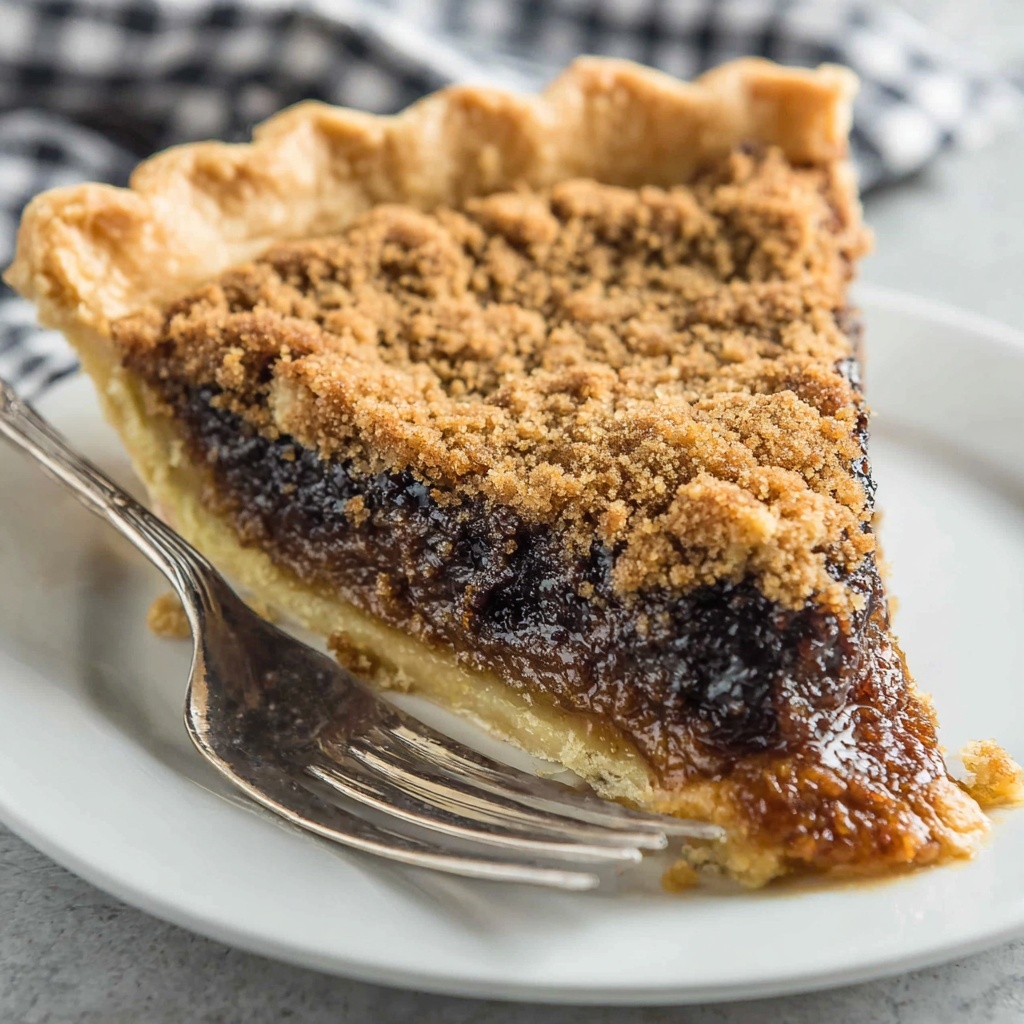 A slice of shoofly pie on a plate.