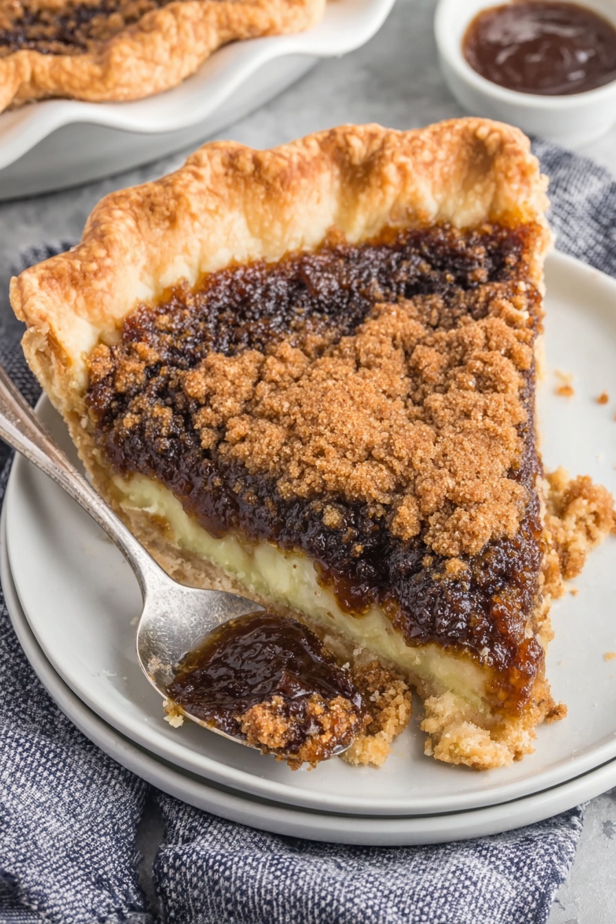 A slice of shoofly pie with a spoonful of jam.