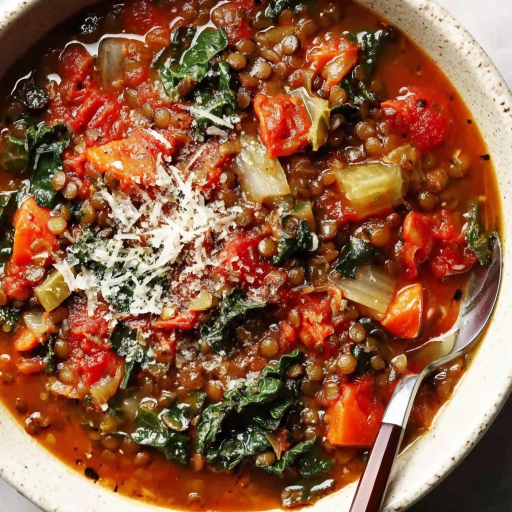 A bowl of soup with vegetables and cheese.