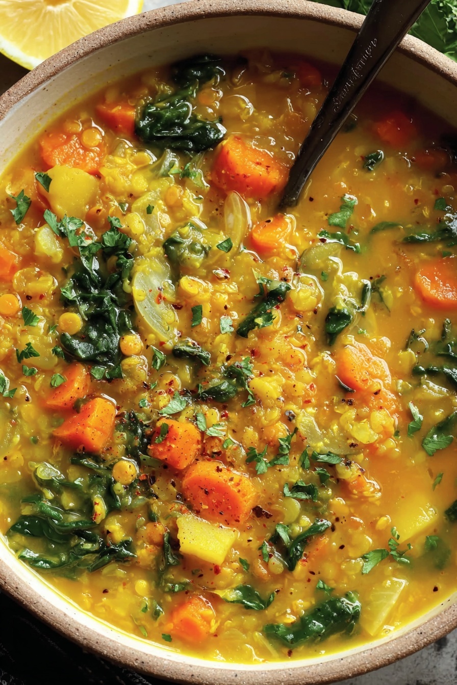 A bowl of soup with carrots and greens.