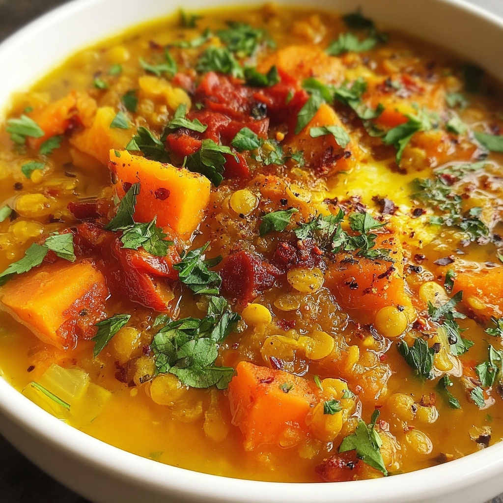 A bowl of red lentil soup with vegetables and herbs.
