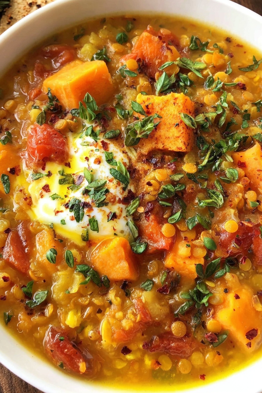 A bowl of red lentil soup with veggies and herbs.