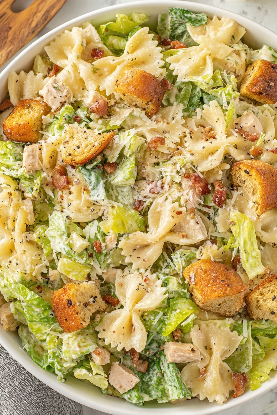 A bowl of Caesar Pasta Salad.