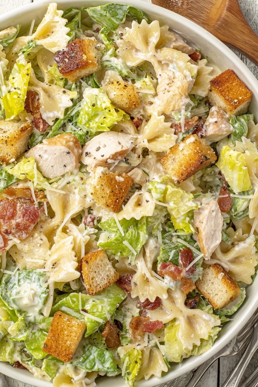 A bowl of Caesar Pasta Salad.