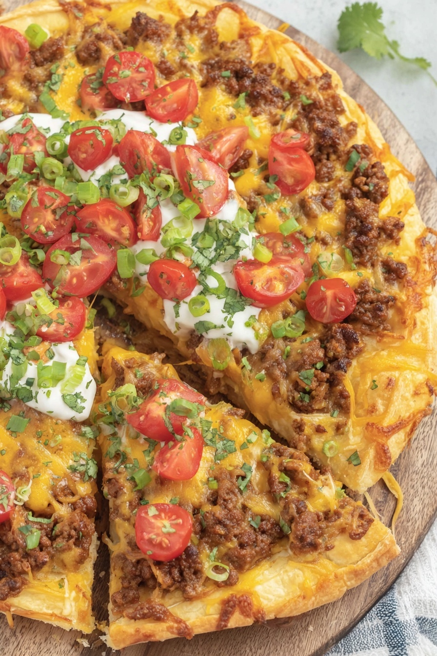 A slice of taco pizza with cheese and tomatoes.