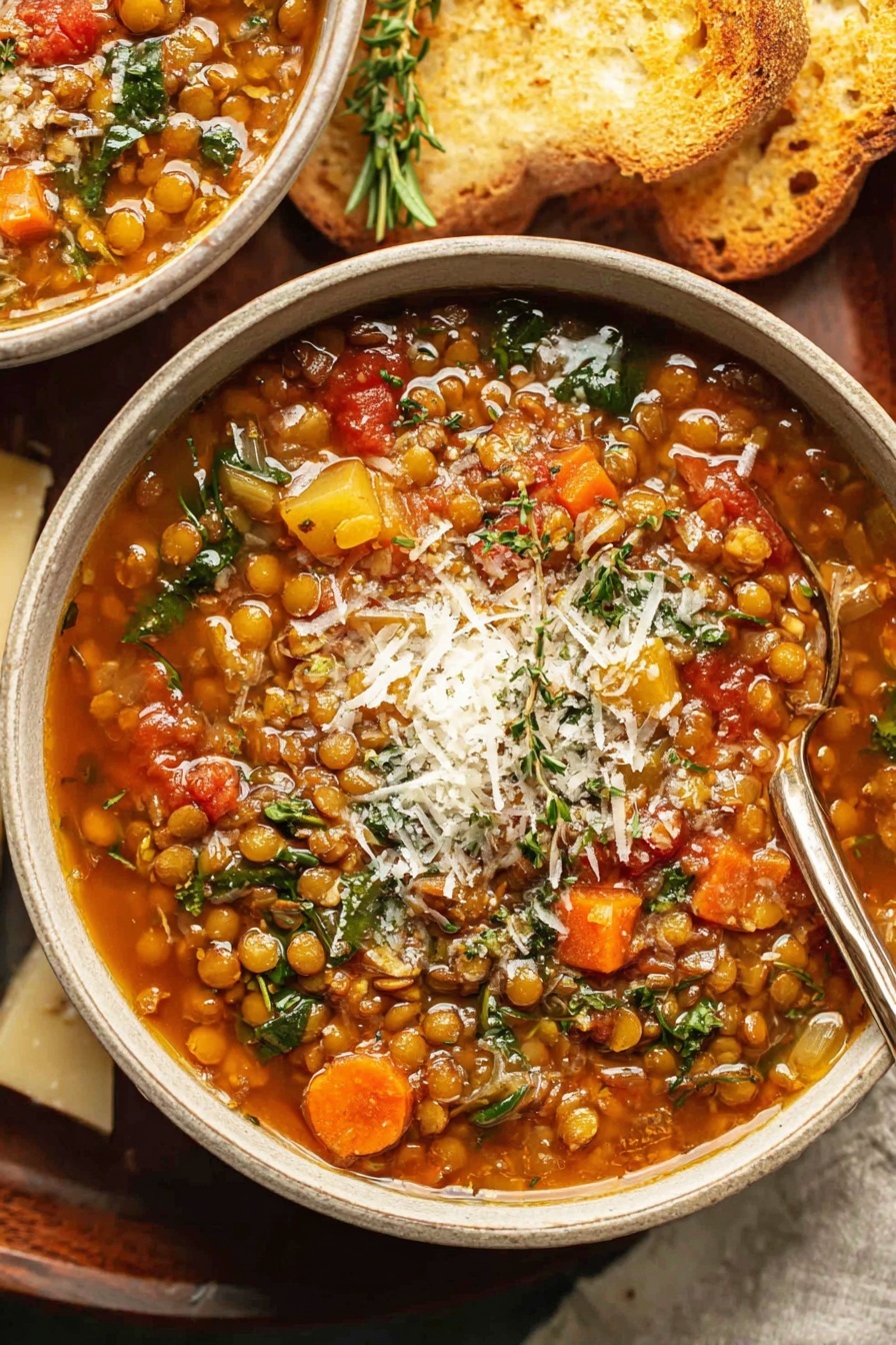 A bowl of soup with cheese and herbs on top.