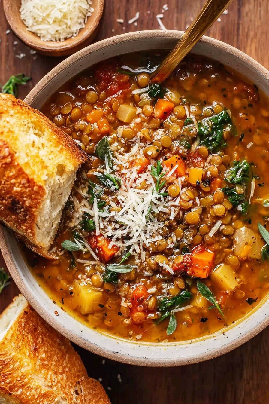 A bowl of soup with a piece of bread on top.