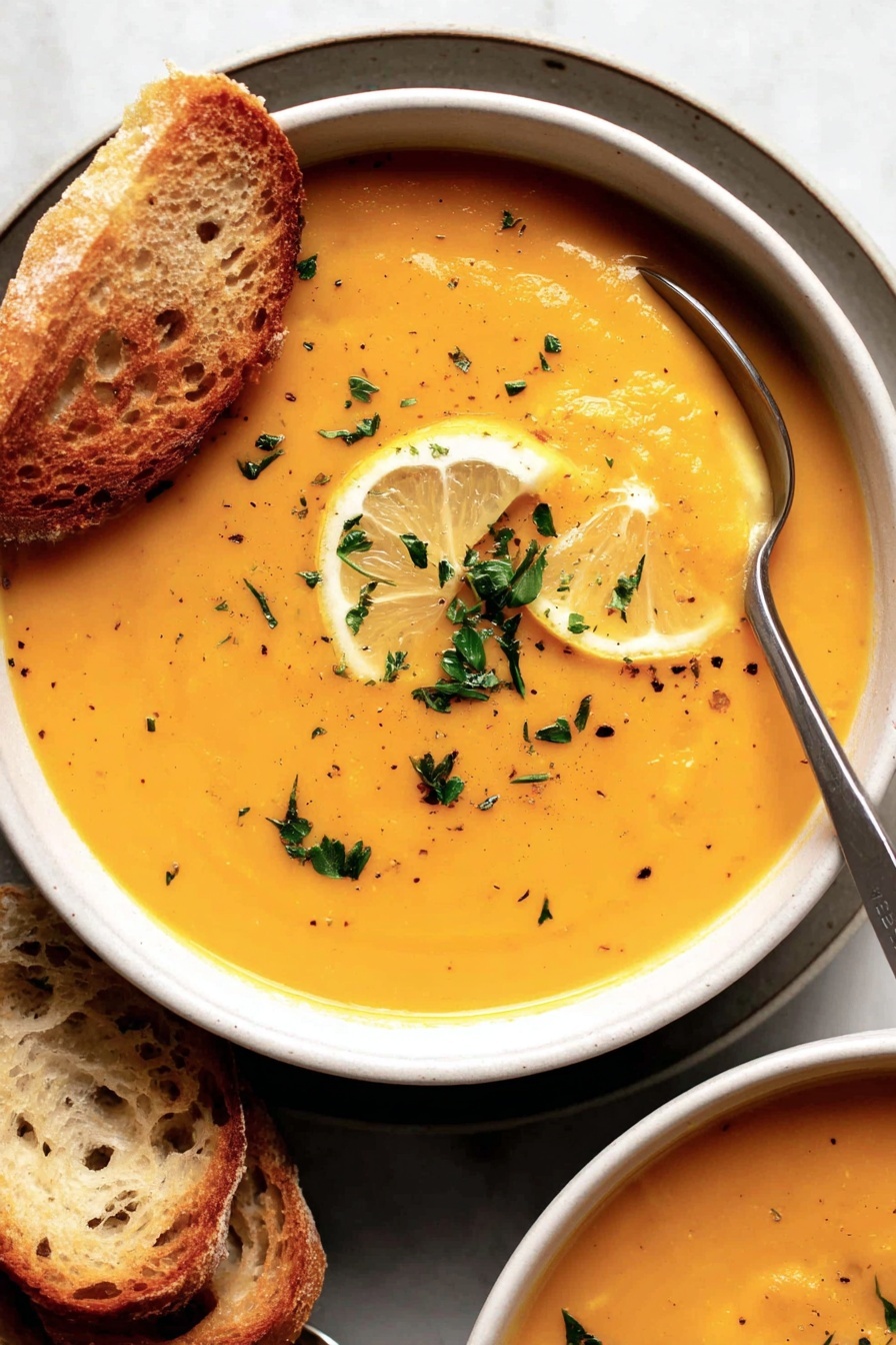 A bowl of soup with a lemon wedge on top.