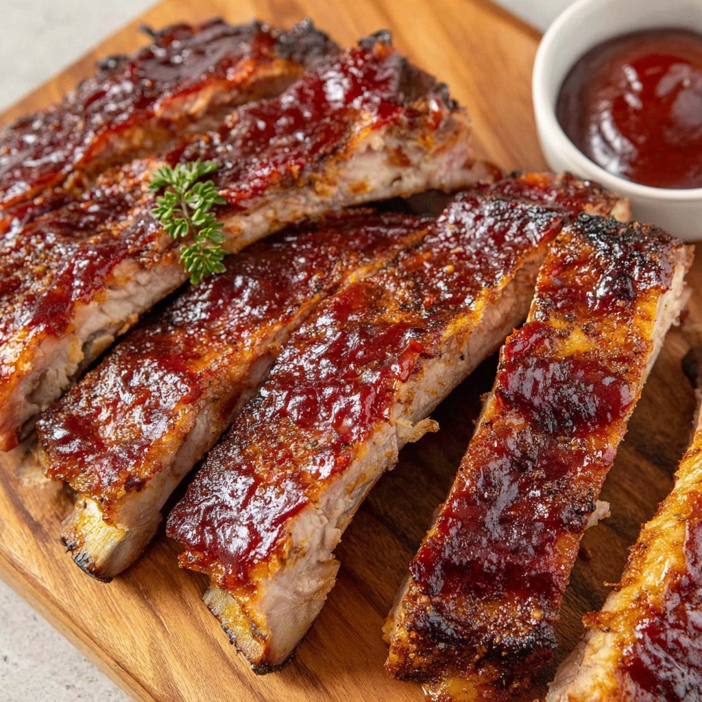 A plate of ribs with a bowl of sauce.