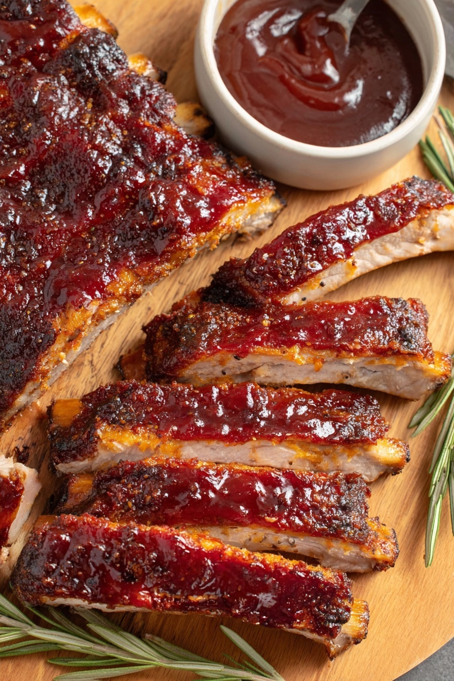 A plate of ribs with sauce.