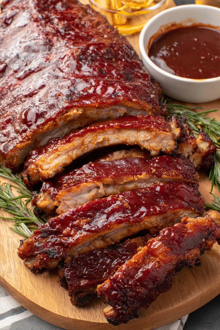 A close up of ribs on a wooden table.