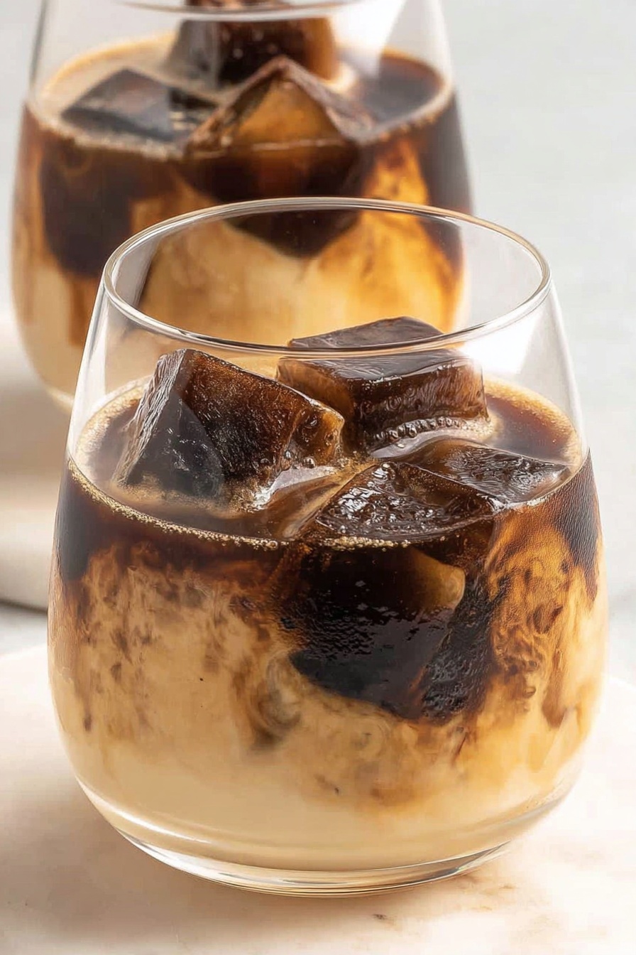 A glass of coffee with ice in it.
