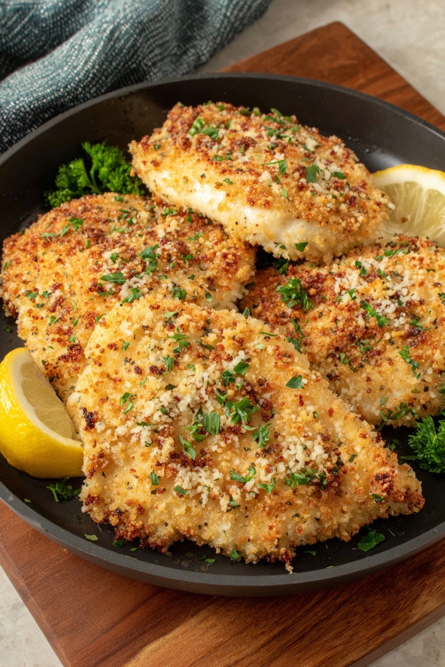 A plate of panko chicken with lemon wedges.