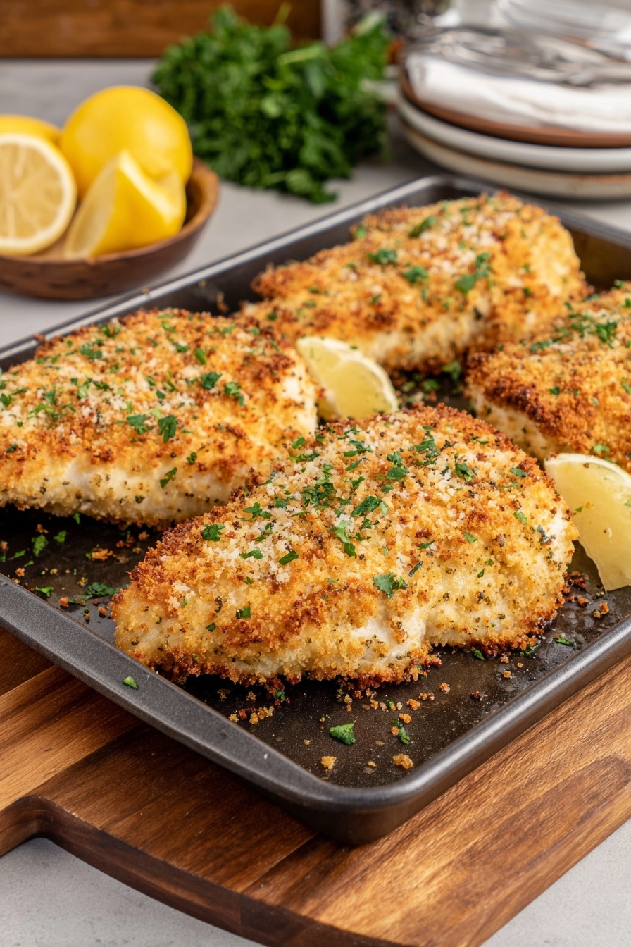 A pan of breaded chicken with lemon wedges on the side.